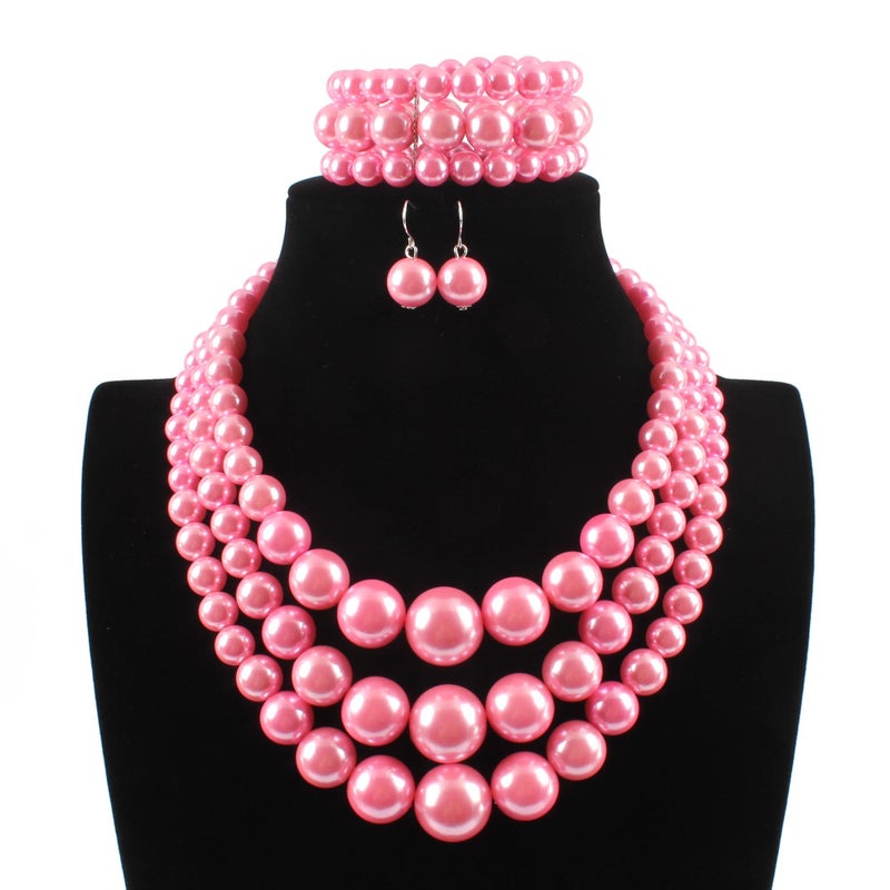 KOSMOS-LI Large Pearl Jewelry Set Stocking Stuffers 3 Layer Simulated Pink Pearl Women's Statement 18" Necklace Bracelet and Earrings - Image 5